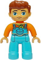 Duplo Figure Lego Ville, Male, Medium Azure Legs with Overalls and Pocket, Lime Bandana, Reddish Brown Hair and Stubble (6477388)