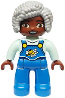 Duplo Figure Lego Ville, Female, Blue Legs with Overalls, Bee and Daisy, Light Bluish Gray Hair (6469007)