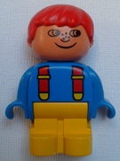 Duplo Figure, Child Type 1 Boy, Yellow Legs, Blue Top with Red Suspenders, Red Hair, Freckles, no White in Eyes Pattern 