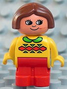 Duplo Figure, Child Type 1 Girl, Red Legs, Yellow Top with Green Collar, Brown Hair 