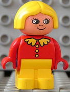 Duplo Figure, Child Type 1 Girl, Yellow Legs, Red Top with Collar And 3 Buttons, Yellow Hair, White in Eyes Pattern 