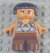 Duplo Figure, Child Type 2 Girl, Brown Legs, Tooth Necklace Pattern, Black Hair (Caveman) 