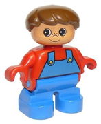 Duplo Figure, Child Type 2 Boy, Blue Legs, Red Top with Blue Overalls, Brown Hair 