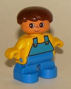 Duplo Figure, Child Type 2 Boy, Blue Legs, Yellow Top with Blue Overalls, Brown Hair 