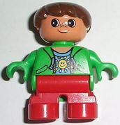 Duplo Figure, Child Type 2 Boy, Red Legs, Green Top with Sun Pattern Shirt, Brown Hair 