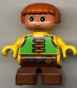 Duplo Figure, Child Type 2 Boy, Brown Legs, Green Vest with Brown Straps and Belt with Sash 