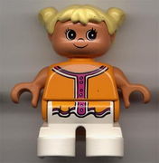 Duplo Figure, Child Type 2 Girl, White Legs, Orange and Dark Pink Top , Yellow Hair Pigtails 