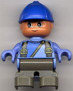 Duplo Figure, Child Type 2 Boy, Dark Gray Legs, Suspenders with Yellow Zipper, Blue Cap 