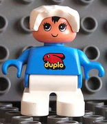 Duplo Figure, Child Type 2 Baby, White Legs, Blue Top with Duplo Bunny Logo, White Bonnet 