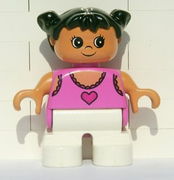 Duplo Figure, Child Type 2 Girl, White Legs, Dark Pink Lace Tank Top with Heart, Black Hair Pigtails 