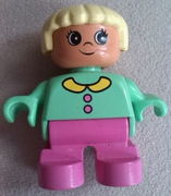 Duplo Figure, Child Type 2 Girl, Dark Pink Legs, Medium Green Top with Buttons and Collar, Light Yellow Hair 