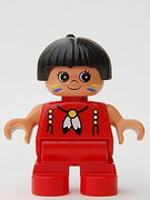 Duplo Figure, Child Type 2 Girl, Red Legs, Red Top with Feather Necklace, Black Hair with Feather (American Indian) 