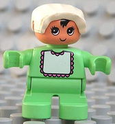 Duplo Figure, Child Type 2 Baby, Medium Green Legs, Medium Green Top with White Bib with Dark Pink Lace, White Bonnet 