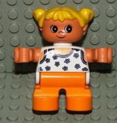 Duplo Figure, Child Type 2 Girl, Orange Legs, White Blouse with Blue Flowers, Yellow Hair Pigtails 