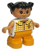 Duplo Figure, Child Type 2 Girl, Medium Orange Legs, Checkered Blouse, Black Hair Pigtails 