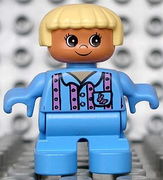 Duplo Figure, Child Type 2 Girl, Medium Blue Legs, Medium Blue Top with Pink Stripes and Bunny Logo, Light Yellow Hair 