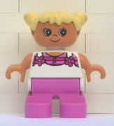 Duplo Figure, Child Type 2 Girl, Dark Pink Legs, White Top with Pink Stripes and Flowers, Light Yellow Hair 