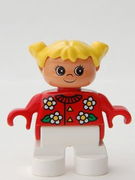 Duplo Figure, Child Type 2 Girl, White Legs, Red Top with Flowers Pattern, Collar And 2 Buttons, Yellow Hair Pigtails 