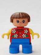 Duplo Figure, Child Type 2 Girl, Blue Legs, Red Torso With Flowers Pattern, Collar And 2 Buttons, Yellow Arms, Brown Hair 