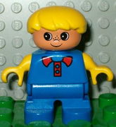 Duplo Figure, Child Type 2 Boy, Blue Legs, Blue Top, Yellow Arms, Yellow Hair 