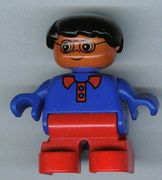 Duplo Figure, Child Type 2 Boy, Red Legs, Blue Top with Red Collar, Black Hair, Glasses 