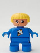 Duplo Figure, Child Type 2 Girl, Blue Legs, Blue Top with Ice Cream Pattern, Yellow Hair 