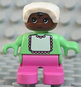 Duplo Figure, Child Type 2 Baby, Dark Pink Legs, Light Green Top with White Bib with Dark Pink Lace, White Bonnet 