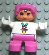 Duplo Figure, Child Type 2 Baby, Dark Pink Legs, White Top, Dark Pink Bonnet 