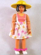 Belville Female - White Swimsuit with Dark Pink and Light Orange Stripes, Short Black Hair, White Shoes, Skirt, Hat Wide Brim, Bows 