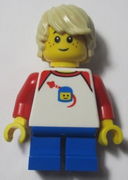 LEGOLAND Park Boy with Tan Hair, Shirt with Red Collar and Shoulders, Spaceship Orbiting Classic Space Helmet Pattern and Short Blue Legs 