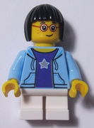 LEGOLAND Park Girl with Black Bob Cut Hair, Bright Light Blue Hooded Sweatshirt Open with Purple Shirt with Silver Star Pattern and White Short Legs 
