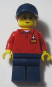 LEGOLAND Park Worker Female with Dark Blue Hat and Dark Orange Ponytail, Red Polo Shirt with 'LEGOLAND' on Back and Dark Blue Legs 