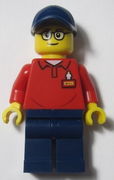 LEGOLAND Park Worker Male with Glasses, Dark Blue Hat, Red Polo Shirt with 'LEGOLAND' on Back and Dark Blue Legs 