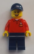 LEGOLAND Park Worker Male, Smiling, Dark Blue Hat, Red Polo Shirt with 'LEGOLAND' on Back and Dark Blue Legs 