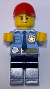 LEGOLAND Park Police Officer with Shirt with Dark Blue Tie and Gold Badge, Dark Tan Belt with Radio, Dark Blue Legs, Red Cap, Lopsided Smile 