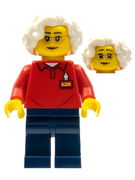 LEGOLAND Park Worker Older Female, Glasses, White Hair, Red Polo Shirt with 'LEGOLAND' on Back and Dark Blue Legs 