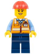 Construction Worker - Female, Orange Safety Vest with Reflective Stripes, Dark Blue Legs, Red Construction Helmet (Crane Operator)