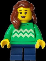 Child - Girl, Bright Green Sweater with Bright Light Yellow Zigzag Lines, Dark Blue Short Legs, Reddish Brown Hair over Shoulder