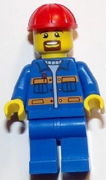 Blue Jacket with Pockets and Orange Stripes, Blue Legs, Red Construction Helmet, Brown Moustache and Goatee 