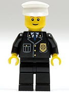 Police - City Suit with Blue Tie and Badge, Black Legs, White Hat, Brown Eyebrows, Thin Grin 