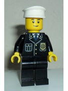 Police - City Suit with Blue Tie and Badge, Black Legs, White Hat, Black Eyebrows, Thin Grin 