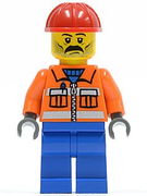 Construction Worker - Orange Zipper, Safety Stripes, Orange Arms, Blue Legs, Red Construction Helmet, Stubble 