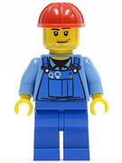 Overalls with Tools in Pocket Blue, Red Construction Helmet, Smirk and Stubble Beard 