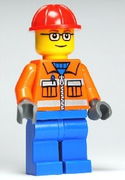 Construction Worker - Orange Zipper, Safety Stripes, Orange Arms, Blue Legs, Red Construction Helmet, Brown Eyebrows, Glasses 