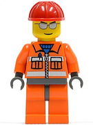 Construction Worker - Orange Zipper, Safety Stripes, Orange Arms, Orange Legs, Dark Bluish Gray Hips, Red Construction Helmet, Silver Sunglasses 