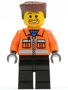 Construction Worker - Orange Zipper, Safety Stripes, Orange Arms, Black Legs, Reddish Brown Flat Top Hair, Beard around Mouth 
