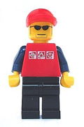 Red Shirt with 3 Silver Logos, Dark Blue Arms, Black Legs, Red Short Bill Cap, Glasses 