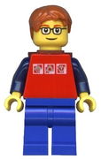 Red Shirt with 3 Silver Logos, Dark Blue Arms, Blue Legs, Dark Orange Short Tousled Hair, Red Eyebrows, Backpack 