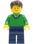 Green V-Neck Sweater, Dark Blue Legs, Dark Brown Short Tousled Hair, Glasses 