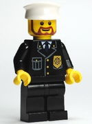 Police - City Suit with Blue Tie and Badge, Black Legs, White Hat, Brown Beard Rounded 